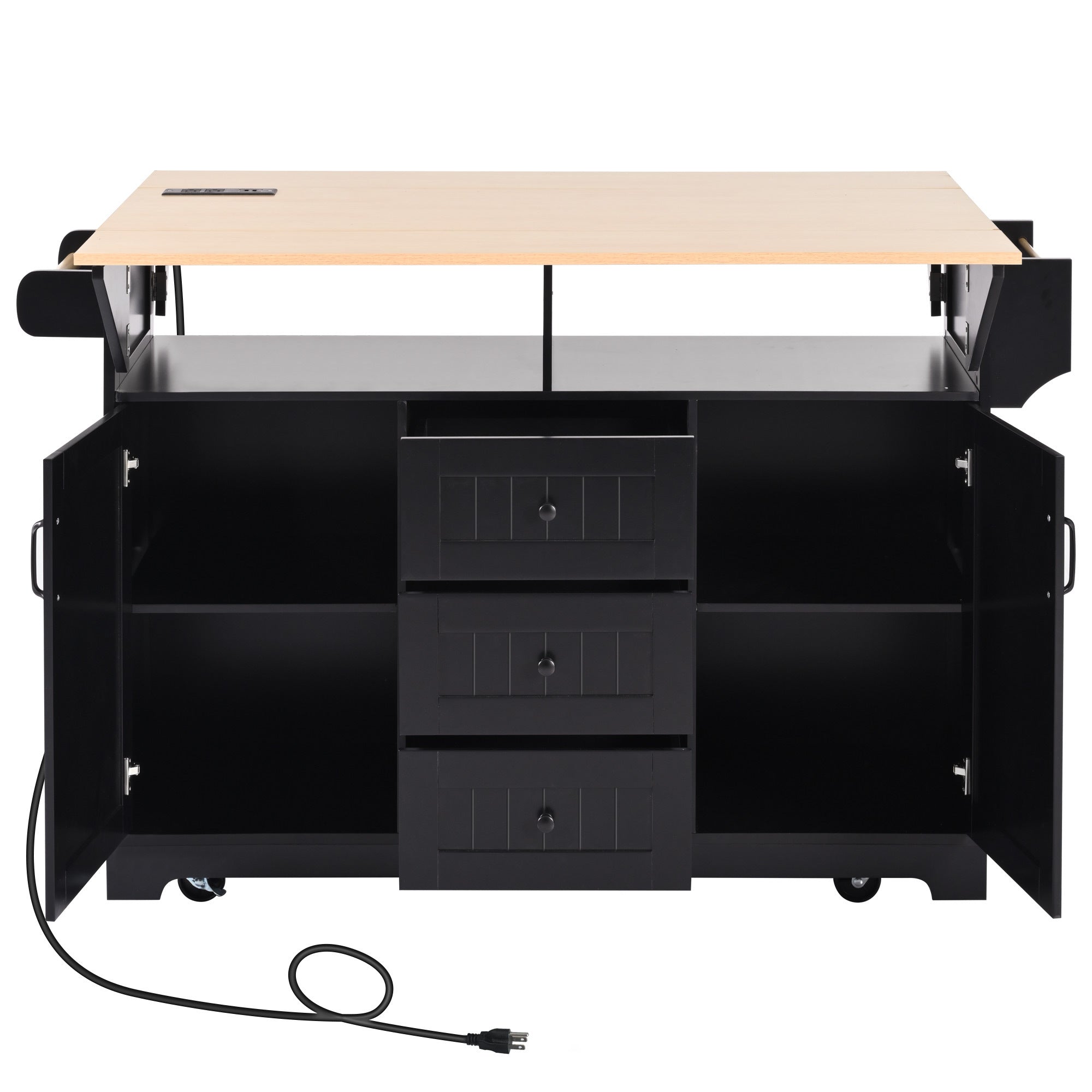 Anthony & Home Signature Edition black laminate kitchen island cart with storage and wheels, showcasing a modern kitchen furniture piece.