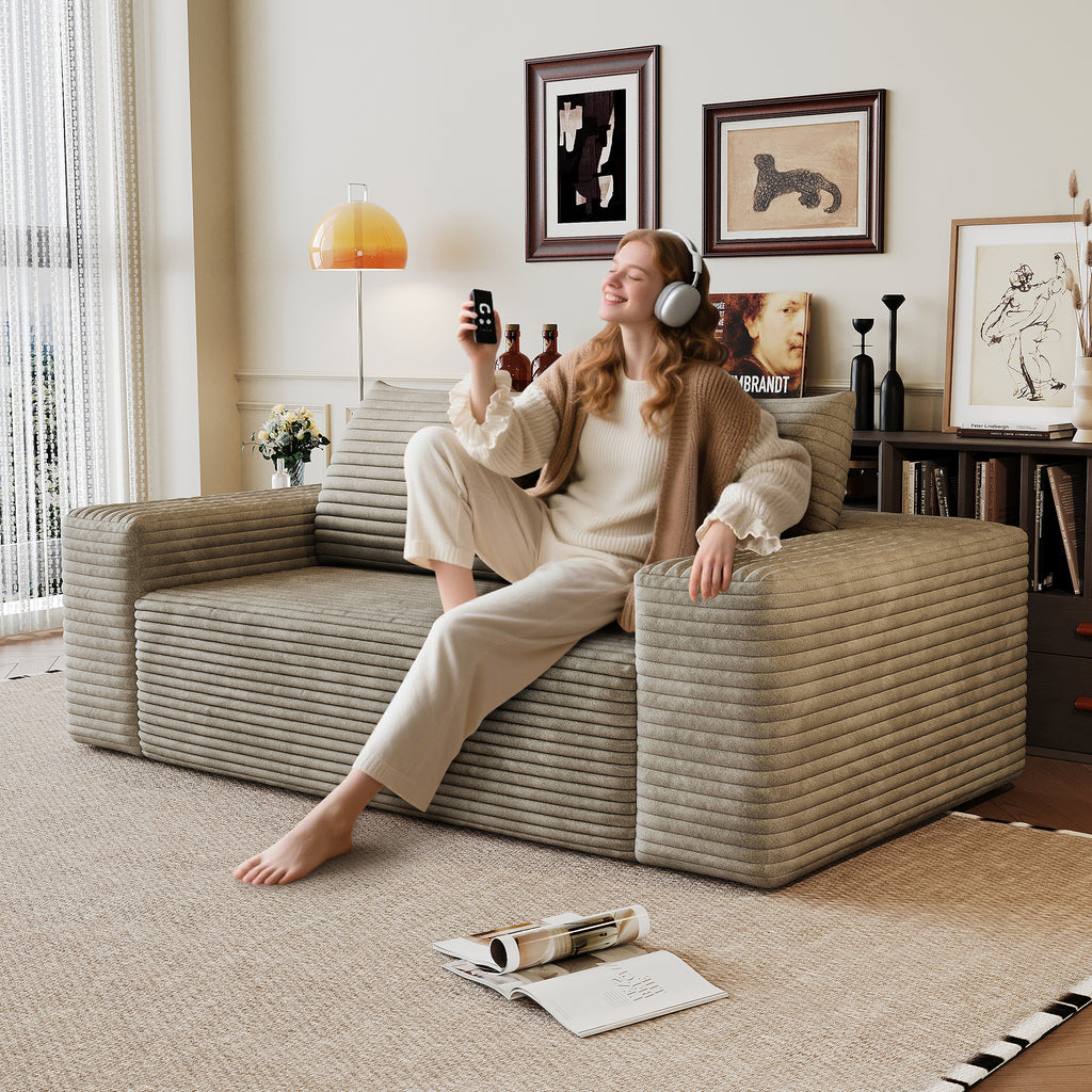 Anthony & Home Signature Corduroy Camel Two-Seater Sofa with plush cushions and stylish design, perfect for modern living rooms.