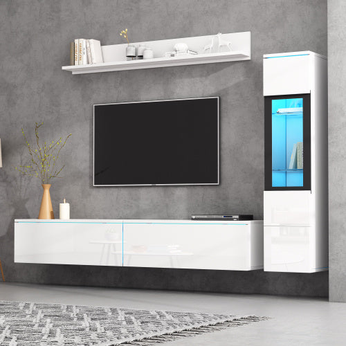 White TV Wall Unit Set Of 3 With LED TV Stand High Gloss