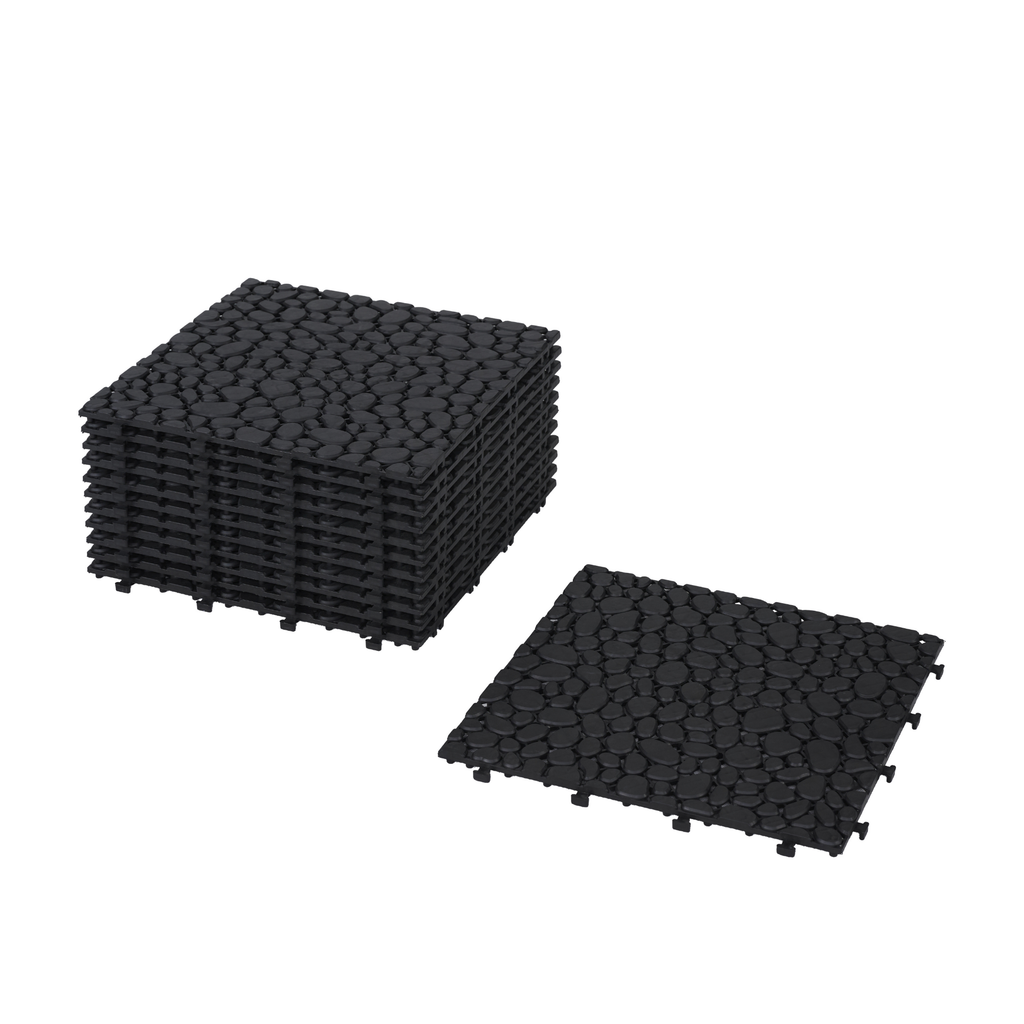Black interlocking deck tiles from Anthony & Home, all-weather anti-slip polymer flooring for outdoor and indoor use, 12x12 inches.