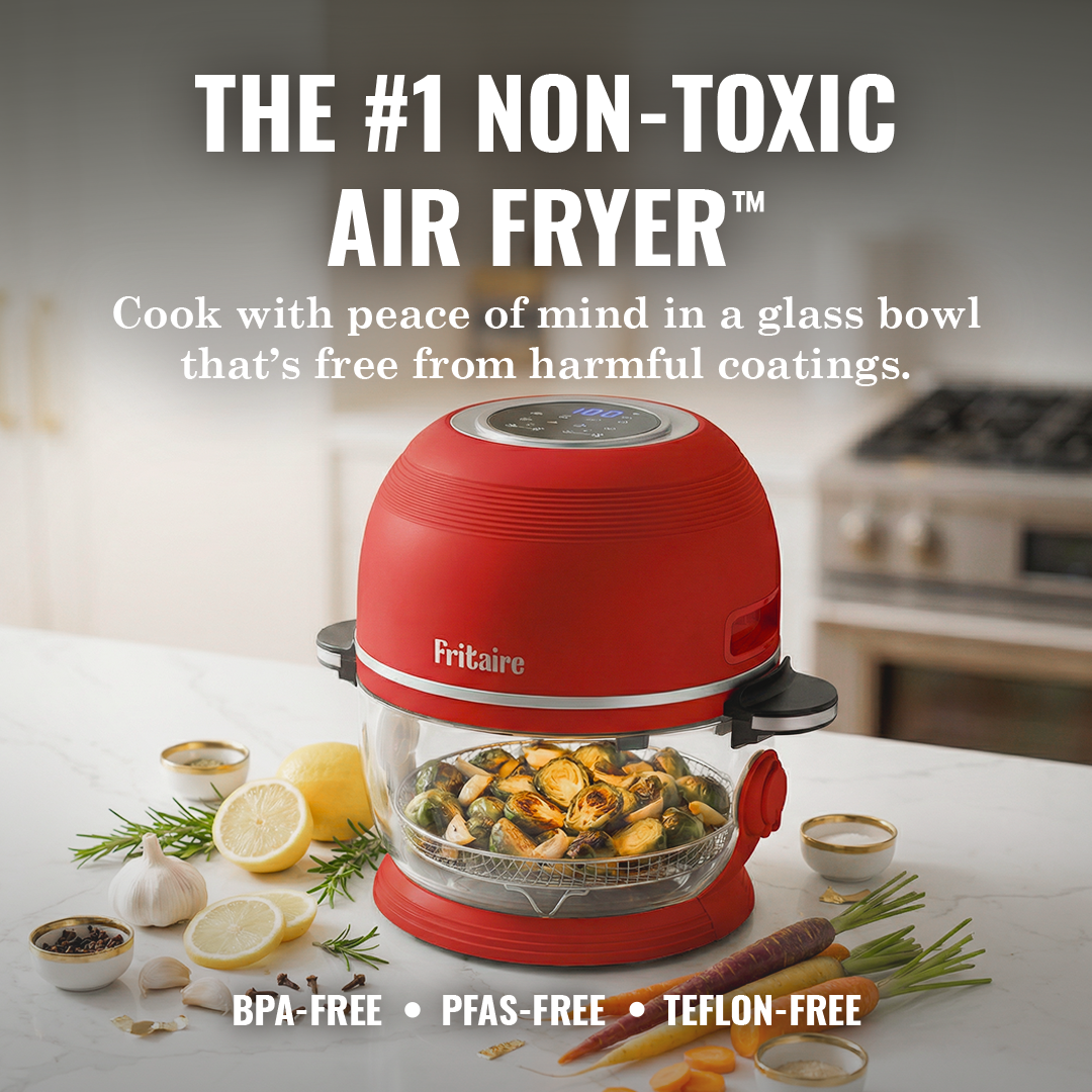 Fritaire Self-Cleaning and Non-Toxic Air Fryer in Mauve Rose, kitchen appliance with digital display and sleek design.