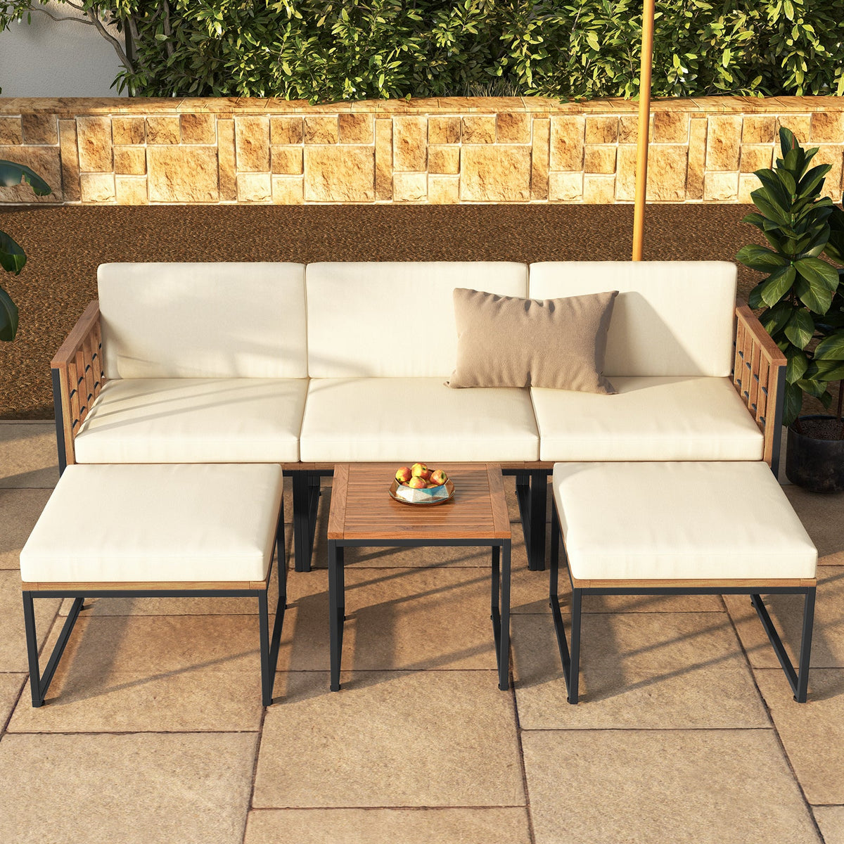 6 Pieces Acacia Wood Patio Furniture Set with Coffee Table and Ottomans-Beige