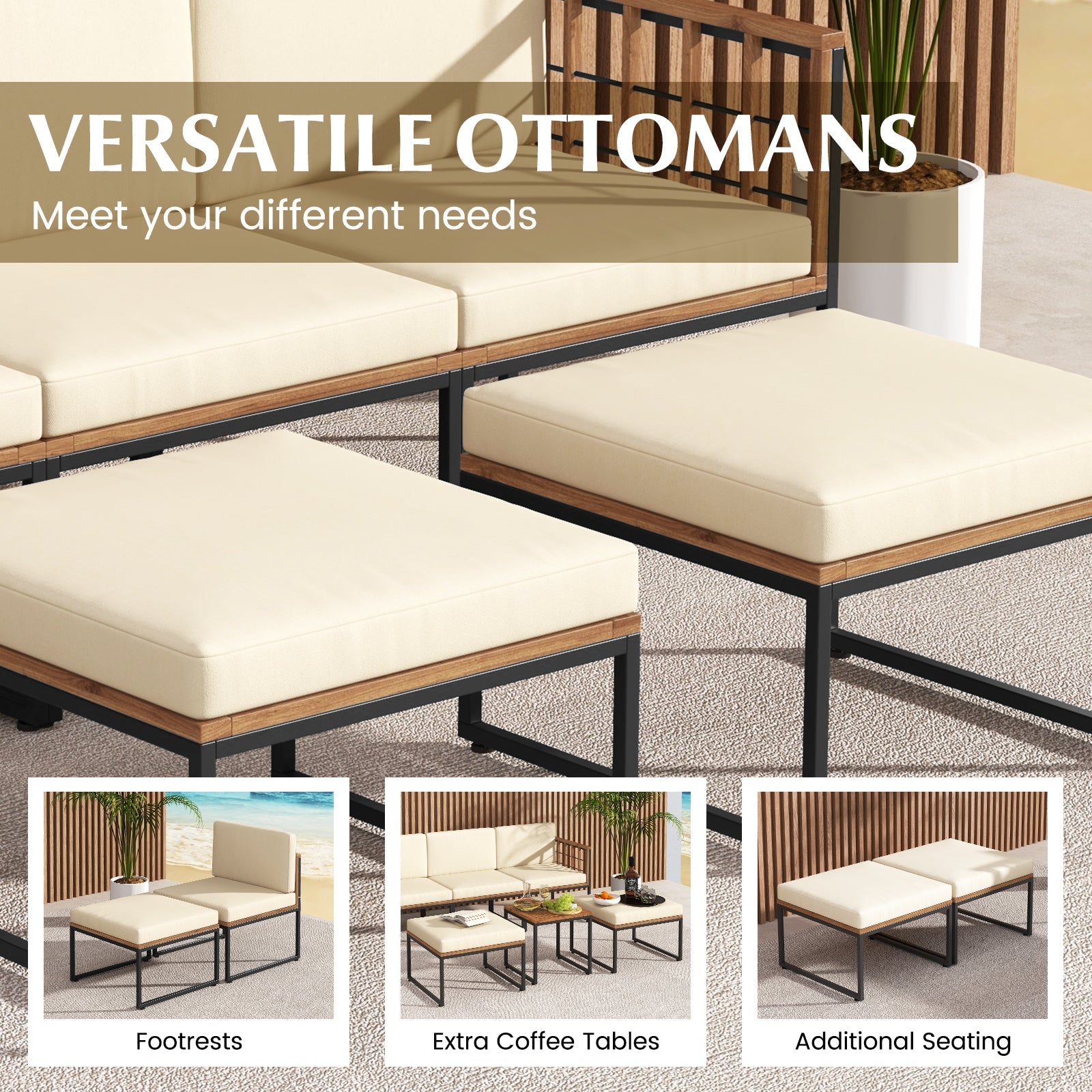 6 Pieces Acacia Wood Patio Furniture Set with Coffee Table and Ottomans-Beige