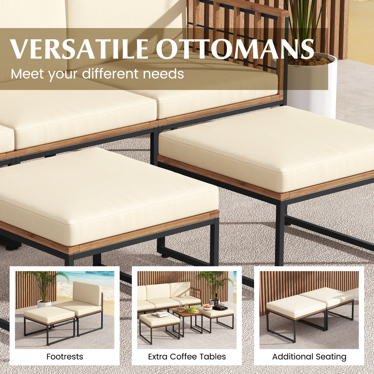 6 Pieces Acacia Wood Patio Furniture Set with Coffee Table and Ottomans-Beige