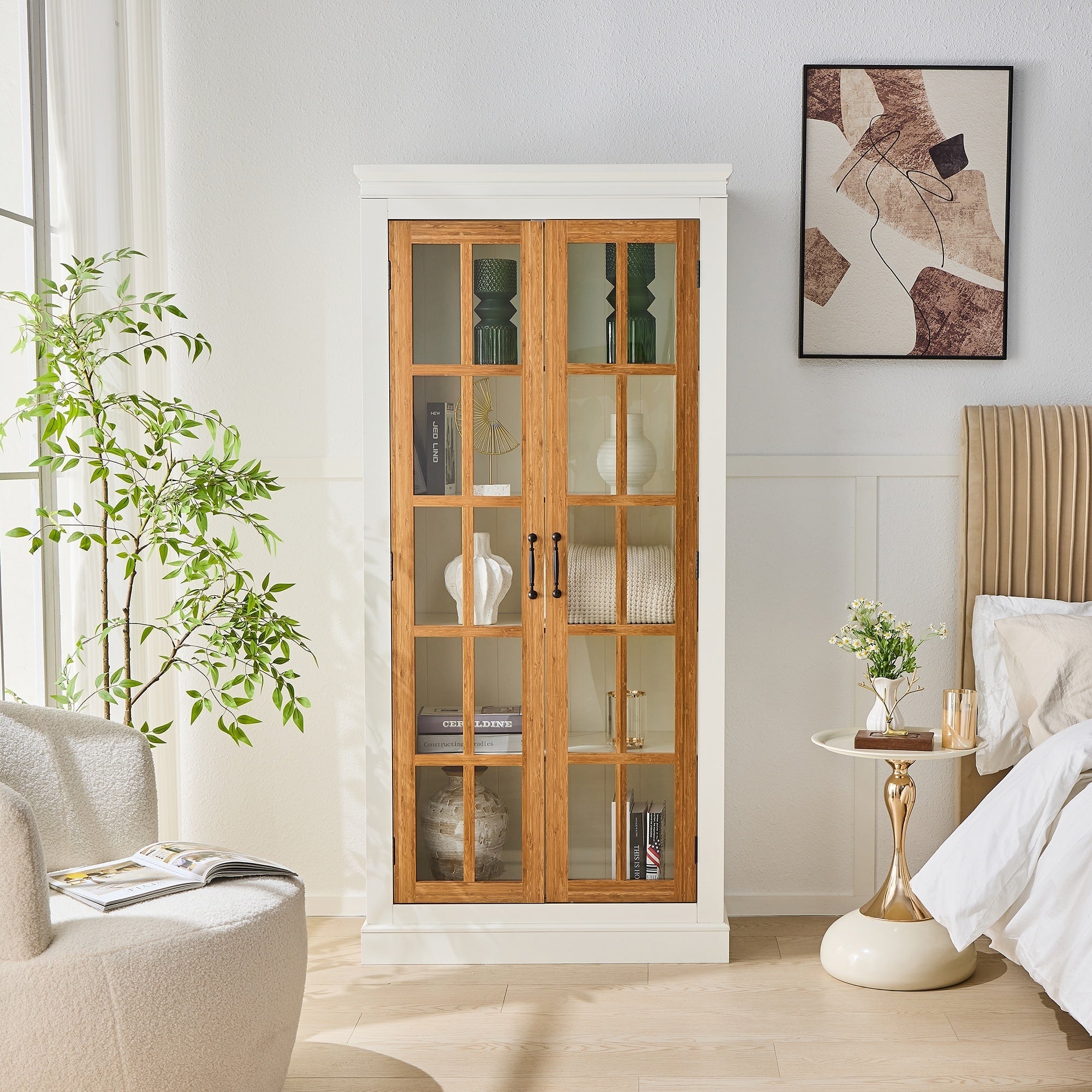Anthony & Home rustic bamboo display cabinet with glass doors, showcasing its wooden frame and elegant storage design.