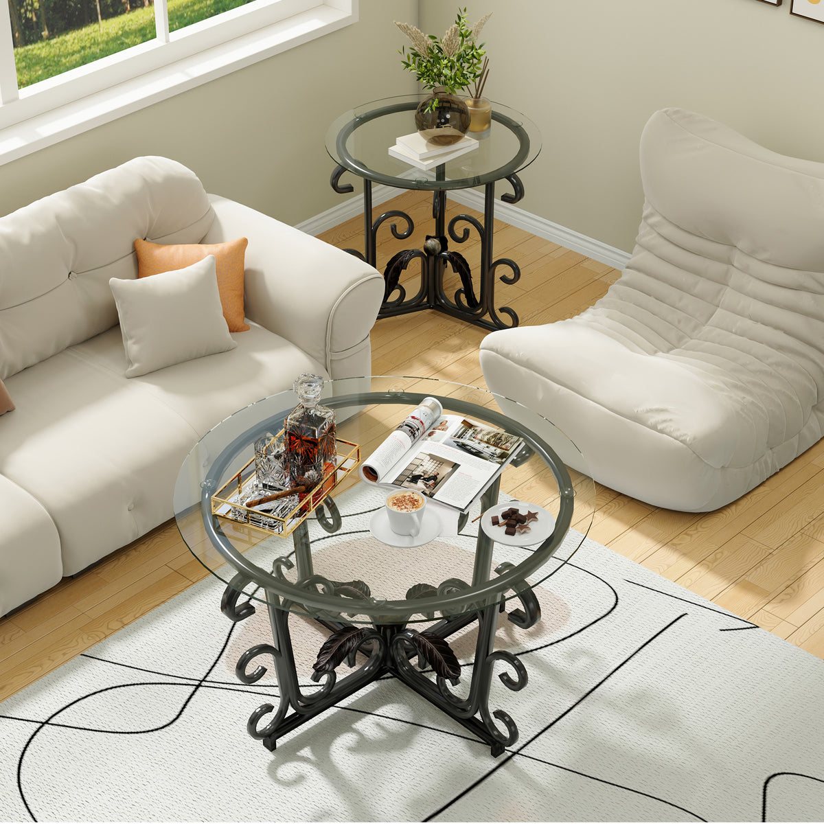 Anthony & Home Atelier three-piece coffee table set with round tempered glass tops and black metal frames, 31.5 inches in diameter.