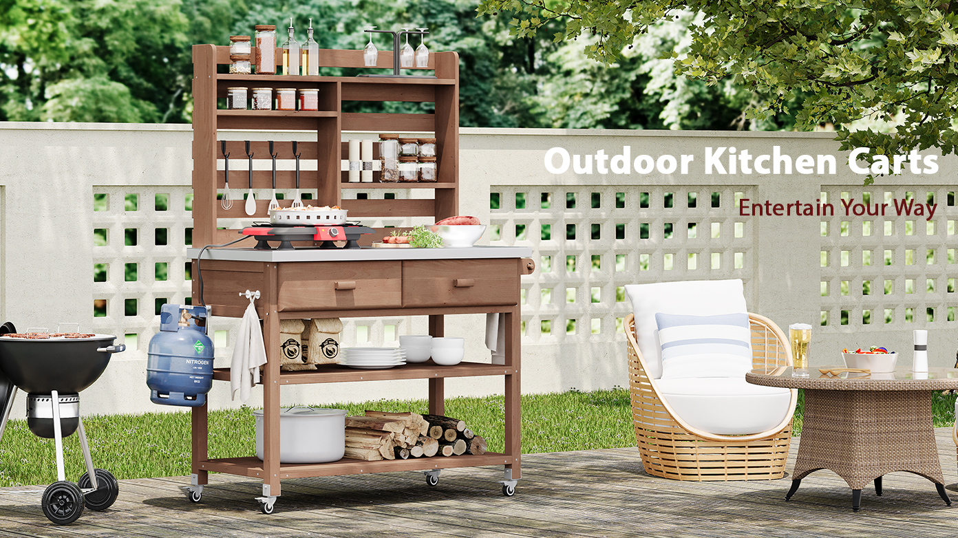 Anthony & Home Signature outdoor potting bench with stainless steel top, featuring ample workspace and garden storage.