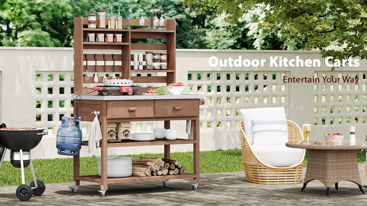 Anthony & Home Signature outdoor potting bench with stainless steel top, featuring ample workspace and garden storage.