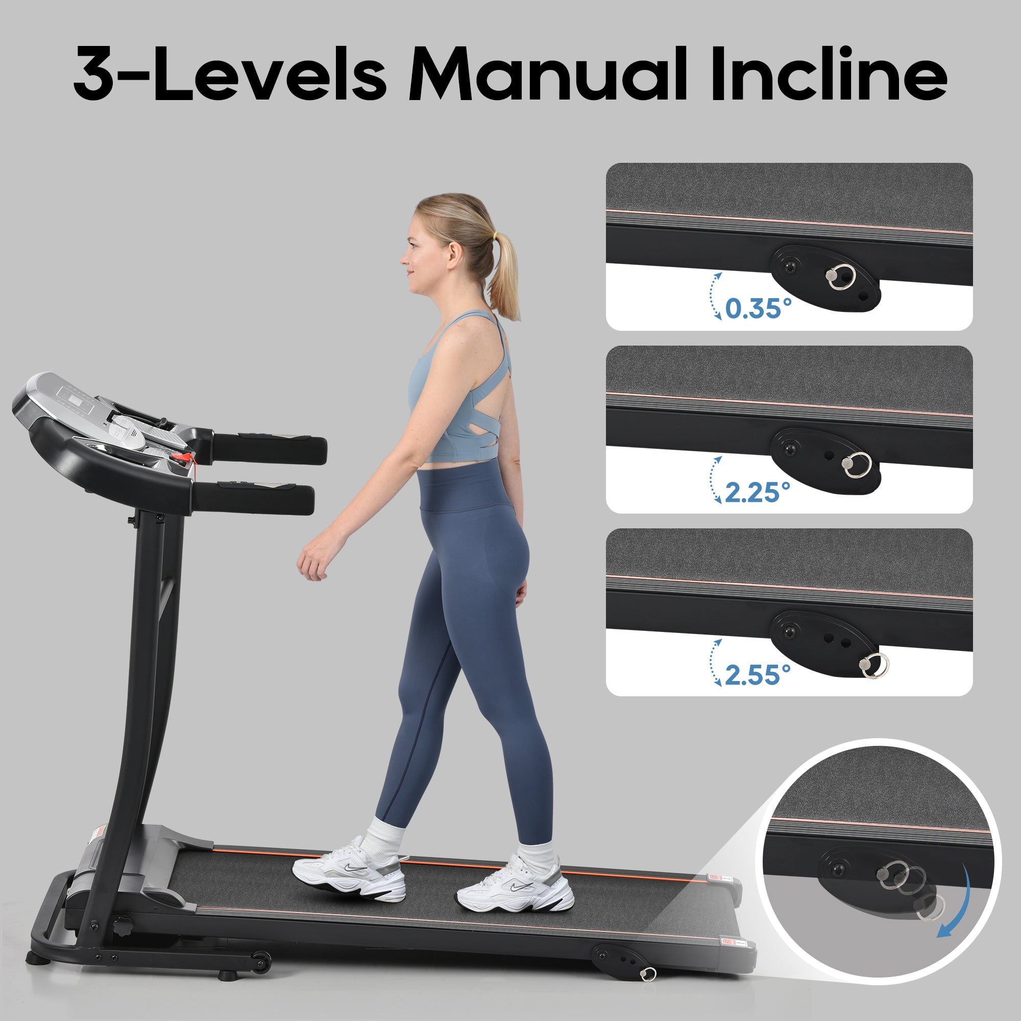 Anthony & Home Elite folding treadmill with incline, 2.5 HP brushless motor, heart rate sensor, brushed aluminum frame, in use.