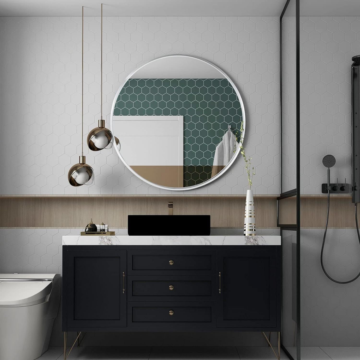 Round bathroom mirror with brushed anti-rust aluminium frame, 32-inch diameter, limited edition by Anthony & Home