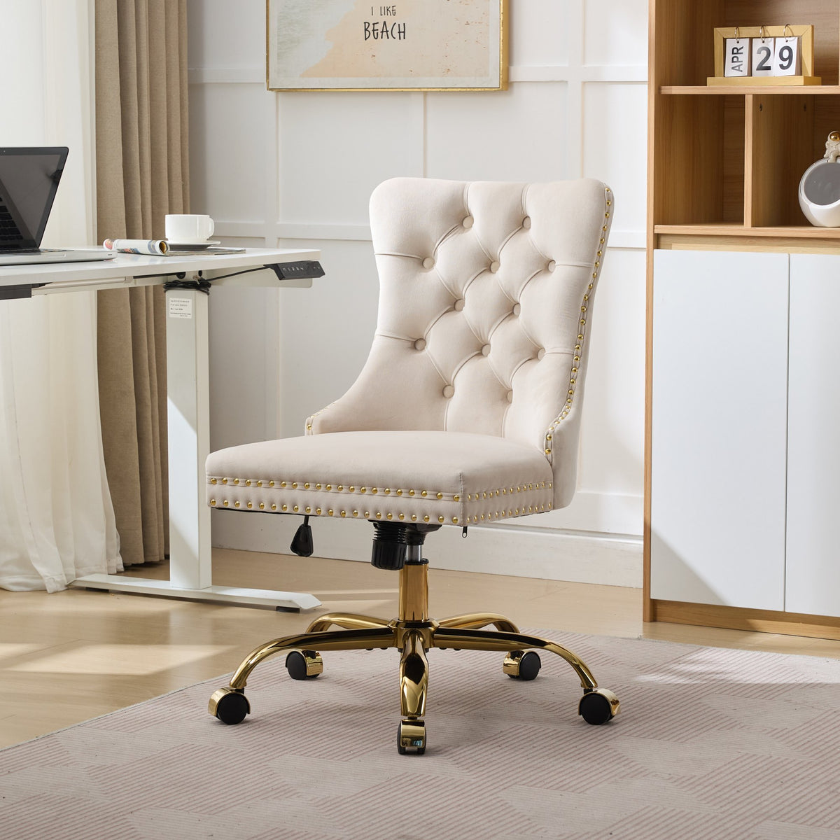 Anthony & Home A&A velvet tufted office chair in beige with adjustable height, swivel base, and ergonomic contemporary design