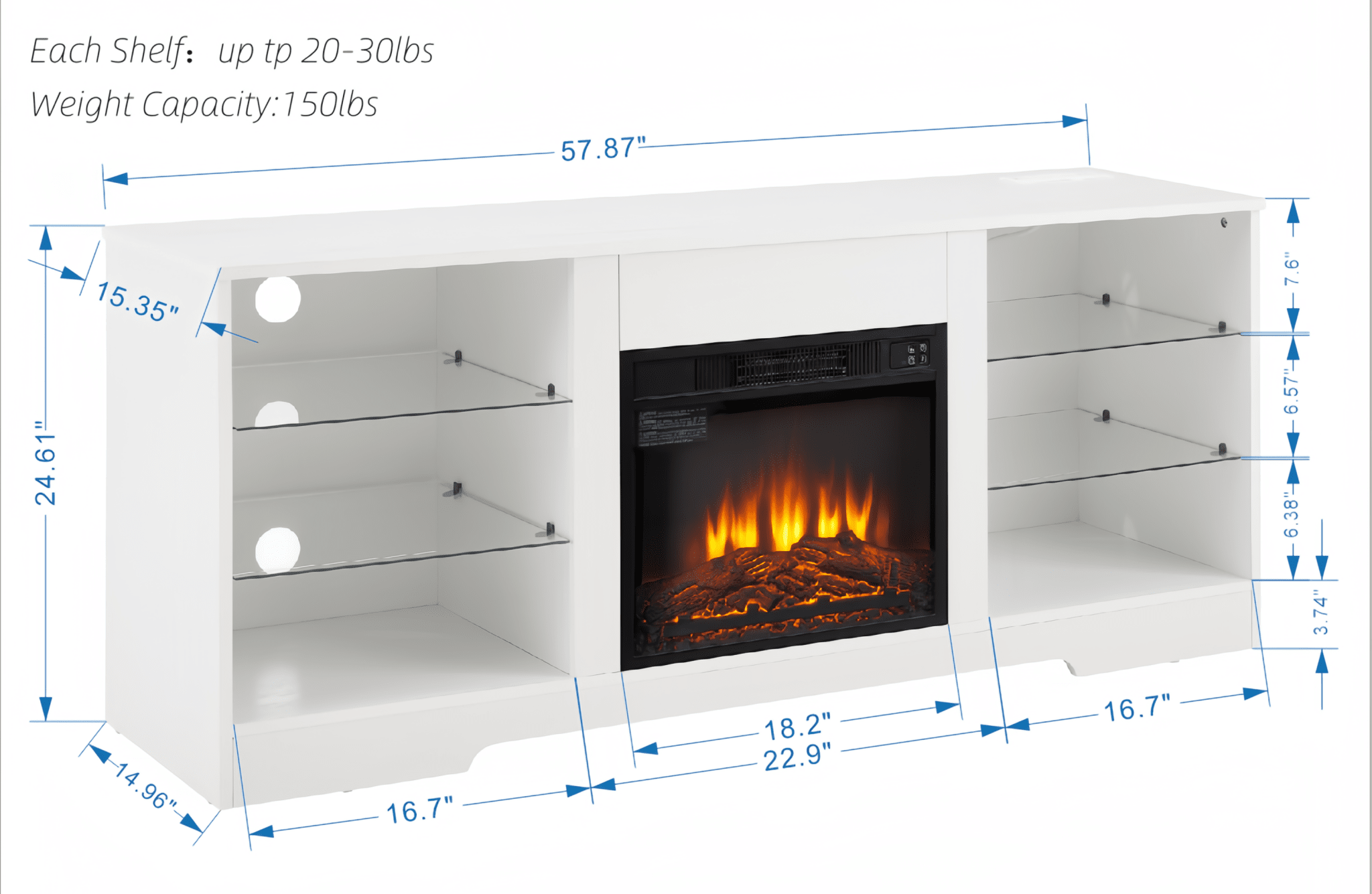 Anthony & Home electric fireplace TV stand with glass shelves, modern design, and integrated heating element.