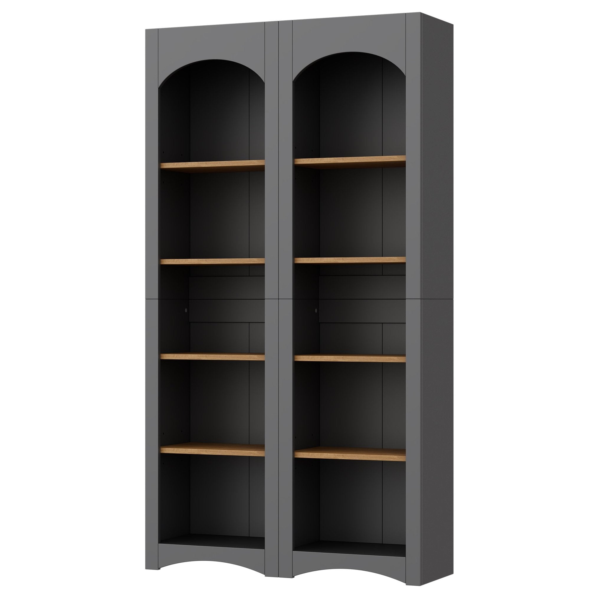 Two-tone wood-grain Anthony & Home 5-tier free-standing bookshelves set of 2, ideal for living room storage and display.