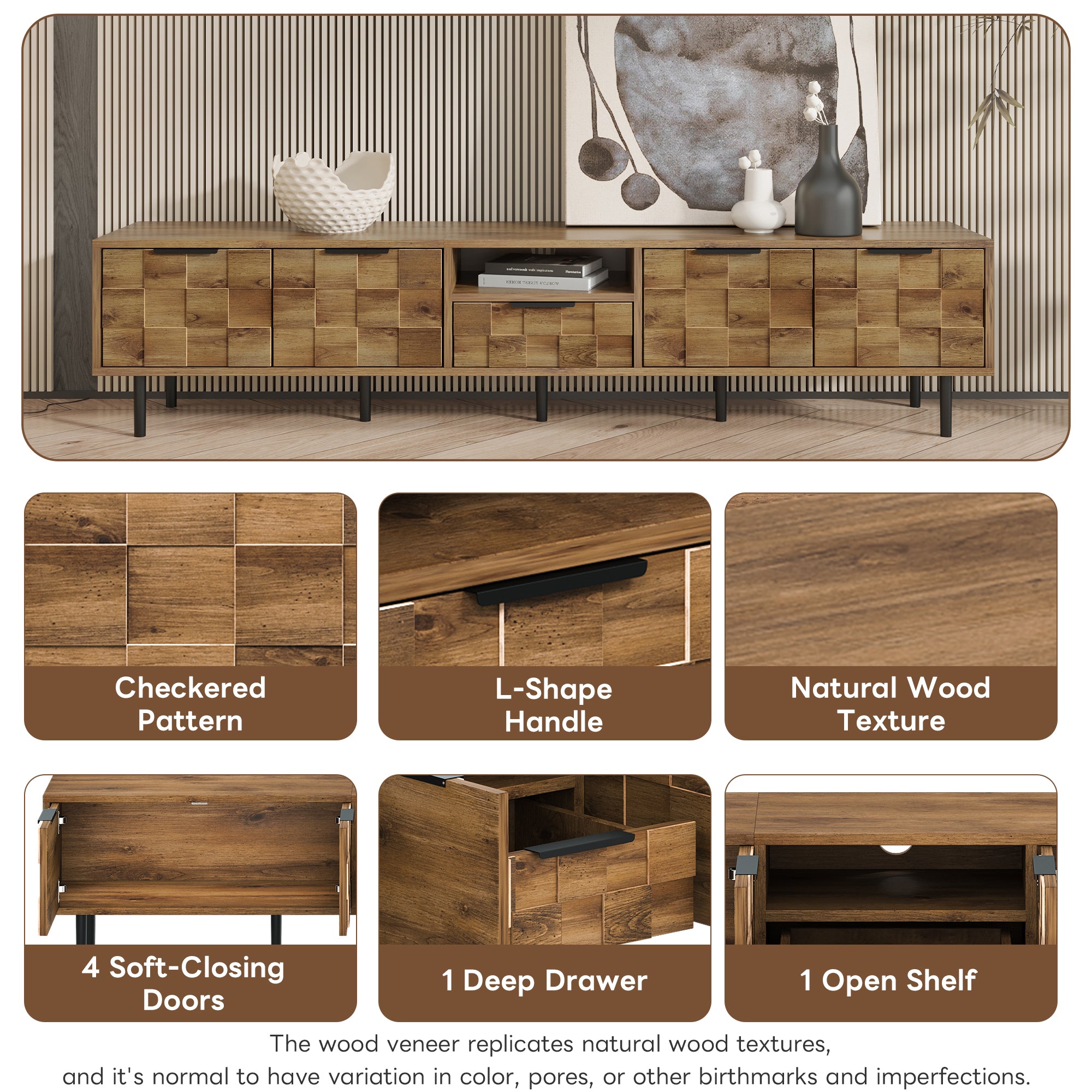 Anthony & Home Atelier Natural Wood 78-Inch TV stand with storage, featuring a sleek modern design and multiple open and closed compartments.