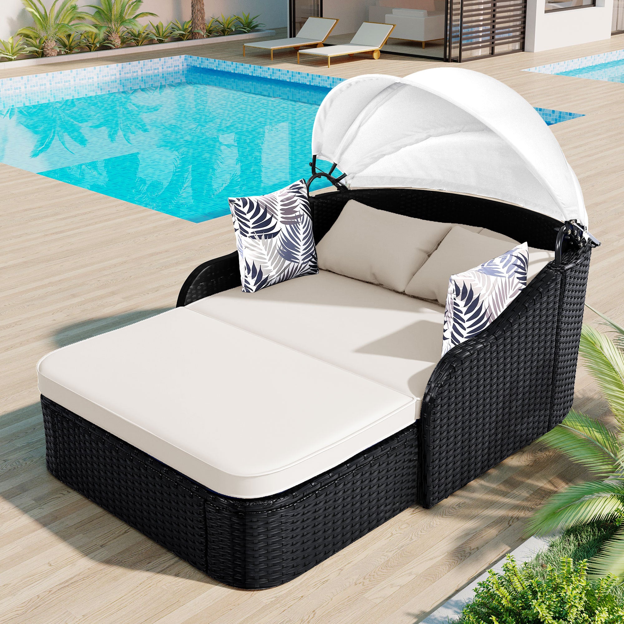 Go Outdoor Sunbed With Adjustable Canopy Double Lounge PE Rattan Daybed Wicker Beige Cushions Limited