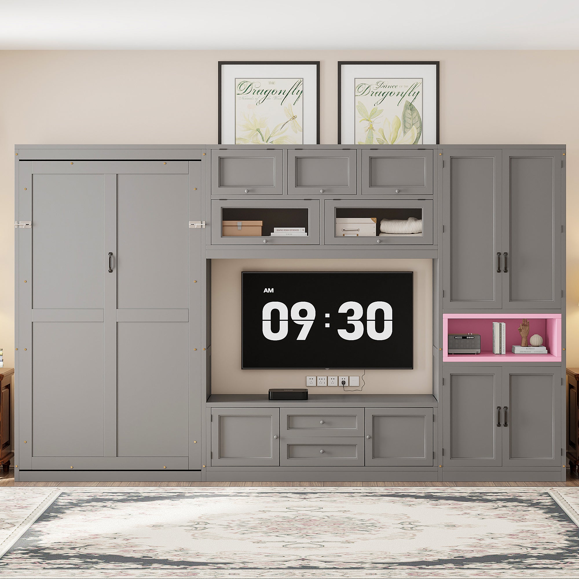 Gray solid wood Atelier Murphy Bed TV stand with drawers by Anthony & Home, showcasing a modern, space-saving bedroom furniture piece.