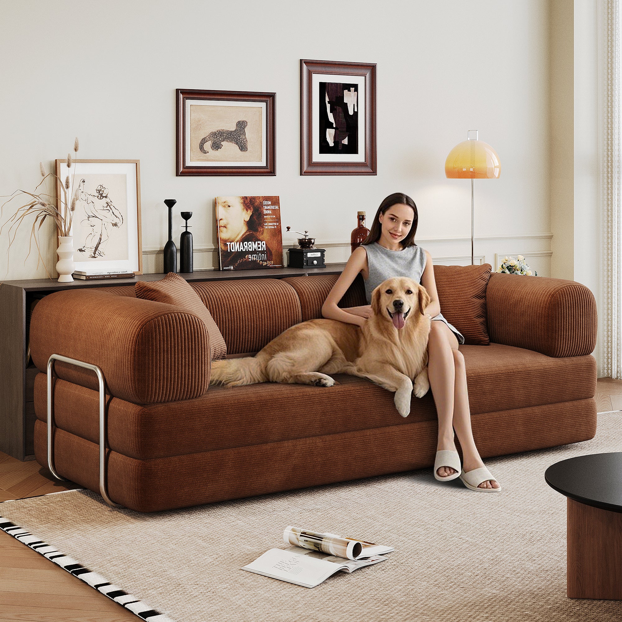 Anthony & Home corduroy studio convertible sofa bed with plush cushions and sleek design, suitable for small living spaces.