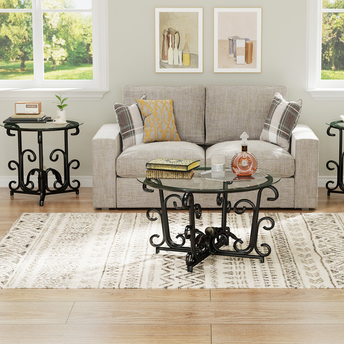 Anthony & Home three-piece coffee table set with round tempered glass tops and black metal frames, 31.5 inches diameter.