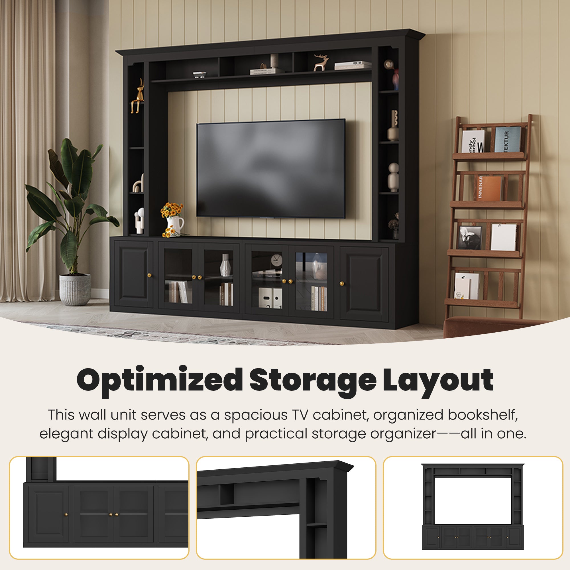 Entertainment Center Wall Unit With Bookshelves And Tempered Glass Doors Exclusive Black 92 Inch Media Console - Anthony & Home