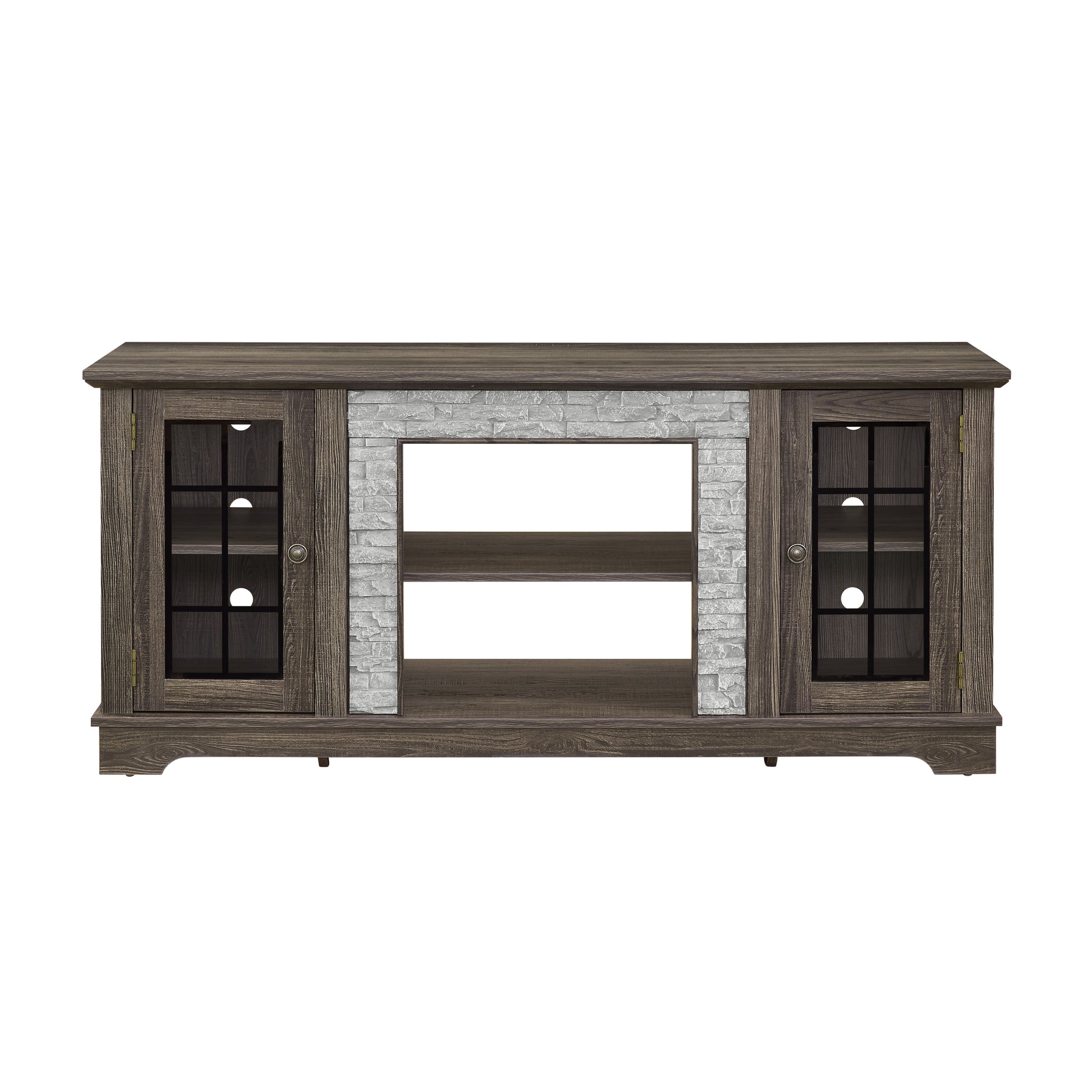 Anthony & Home Atelier Faux Stone TV stand in grey with sleek modern design and storage compartments.