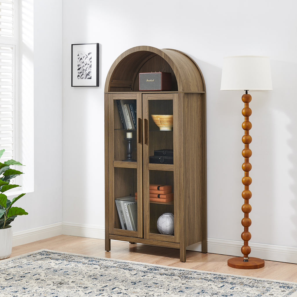 Arched walnut storage cabinet with built-in lamp by Anthony & Home, showcasing sleek design and elegant wood finish.