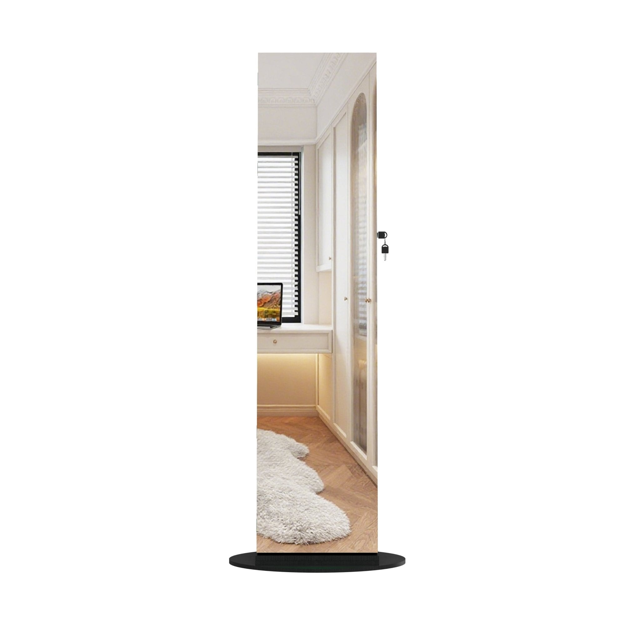 Anthony & Home Atelier 360-degree rotating jewelry cabinet with HD mirror, showcasing a sleek, functional jewelry storage solution.