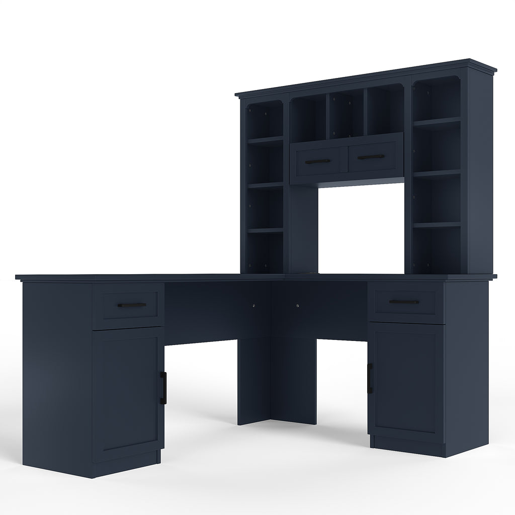 L-shaped desk from Anthony & Home's Atelier Collection with power outlet, 2 cabinets, 2 drawers, 11 shelves, and a flip shelf on the right.