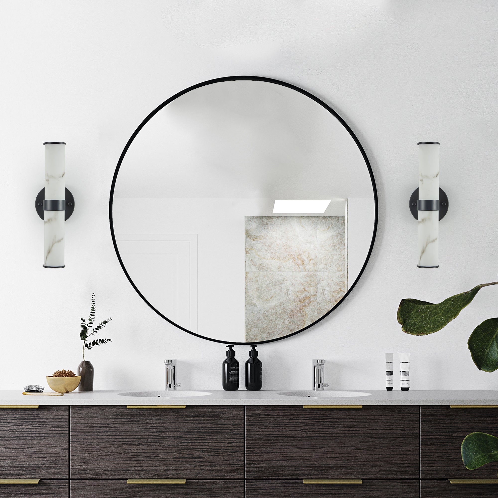 Limited edition Atelier resin marble wall sconces set of 2 with matte black iron frames by Anthony & Home.