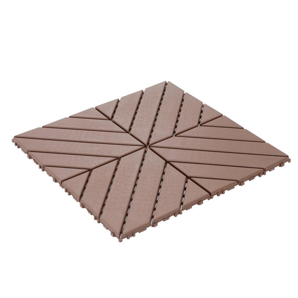 Six brown polypropylene interlocking deck tiles with a heritage pattern, designed for easy outdoor patio installation.