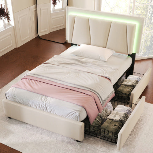 Wooden Storage Bed Frame 90x200cm Beige With Drawers