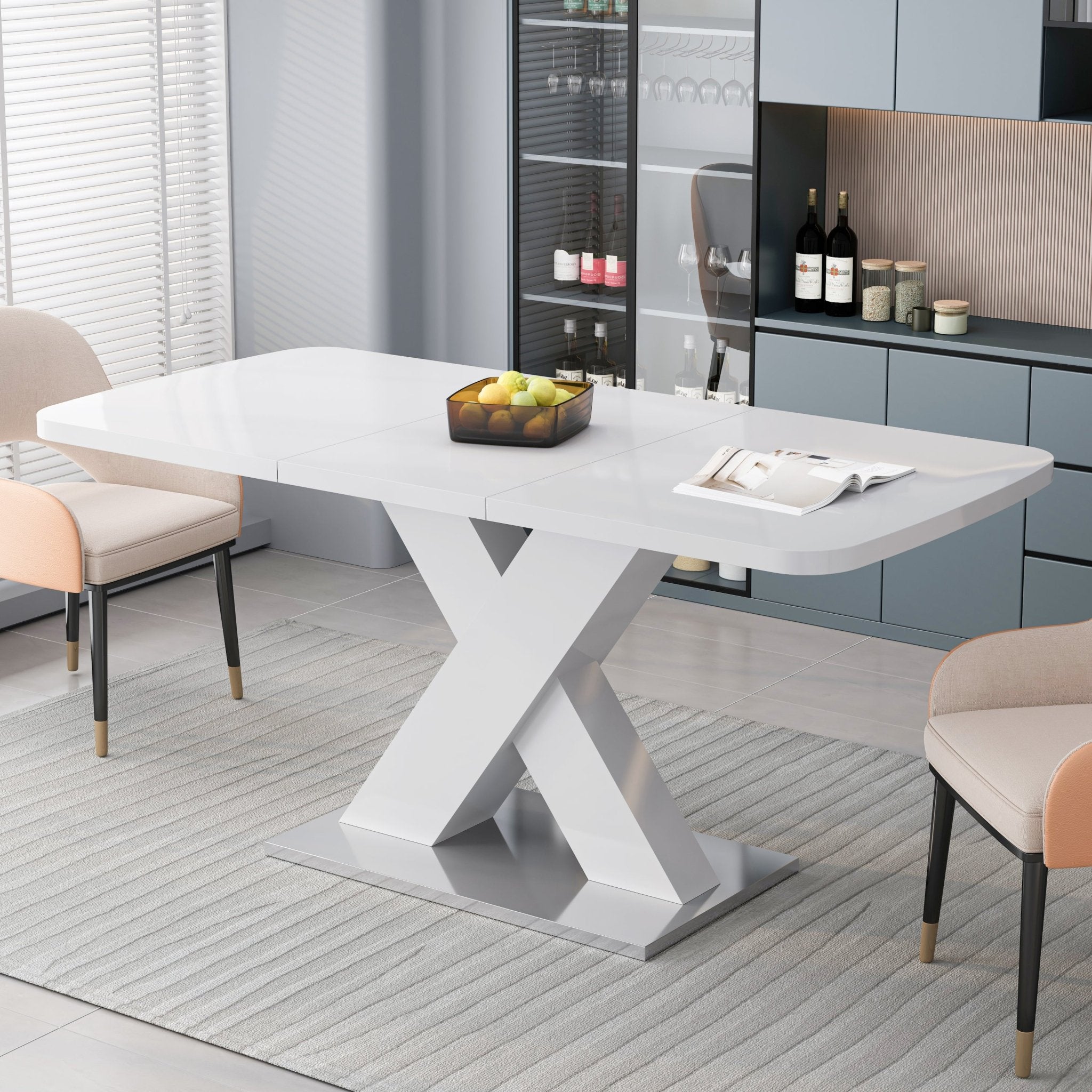 Rectangle dining table with X-shaped steel base by Anthony & Home, showcasing a sleek wooden tabletop and modern industrial design.
