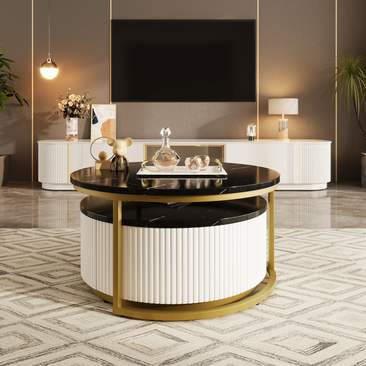 Anthony & Home Atelier brass round nesting coffee table with fluted design and built-in drawer, perfect for modern living spaces.