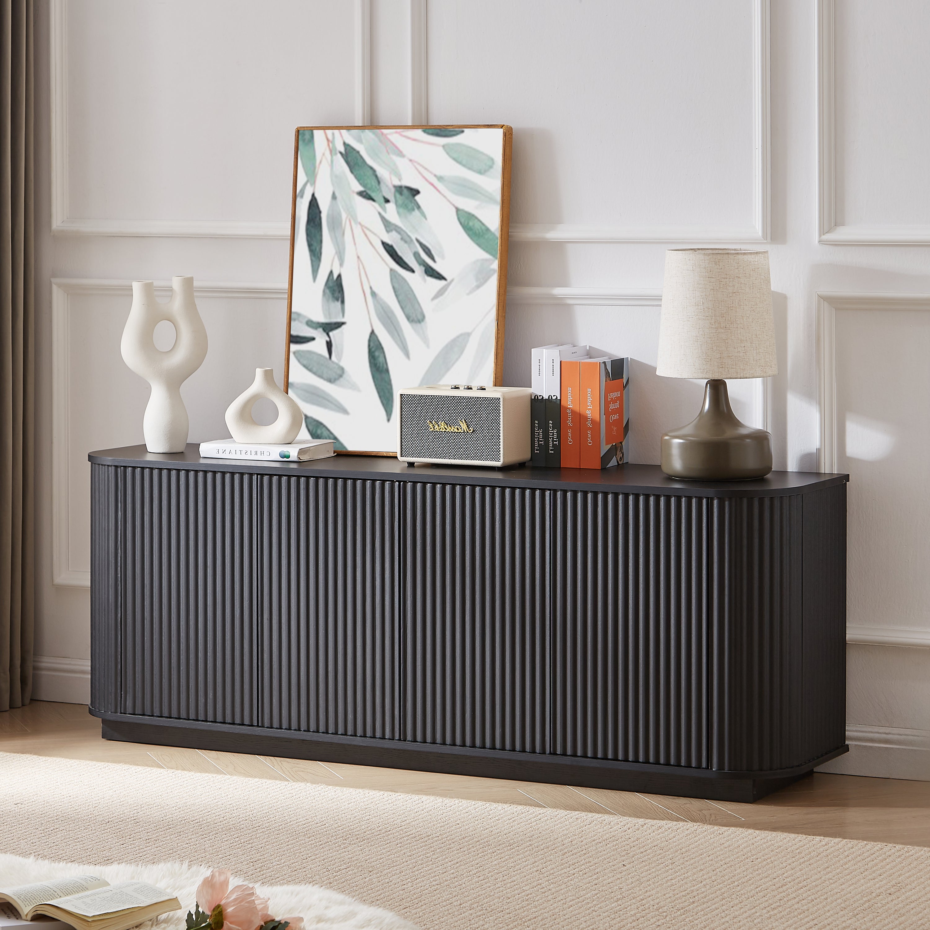 Black wood sideboard TV stand with a wave pattern design, featuring sleek Anthony & Home style for modern living spaces.