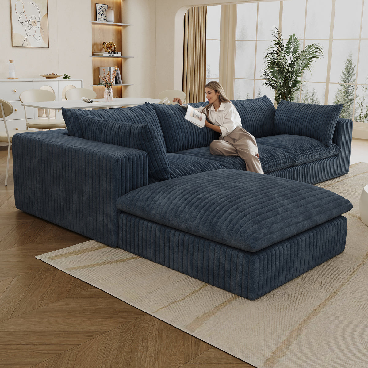 Blue Anthony & Home corduroy cloud sofa with deep seat and removable cushions from the Atelier Collection.