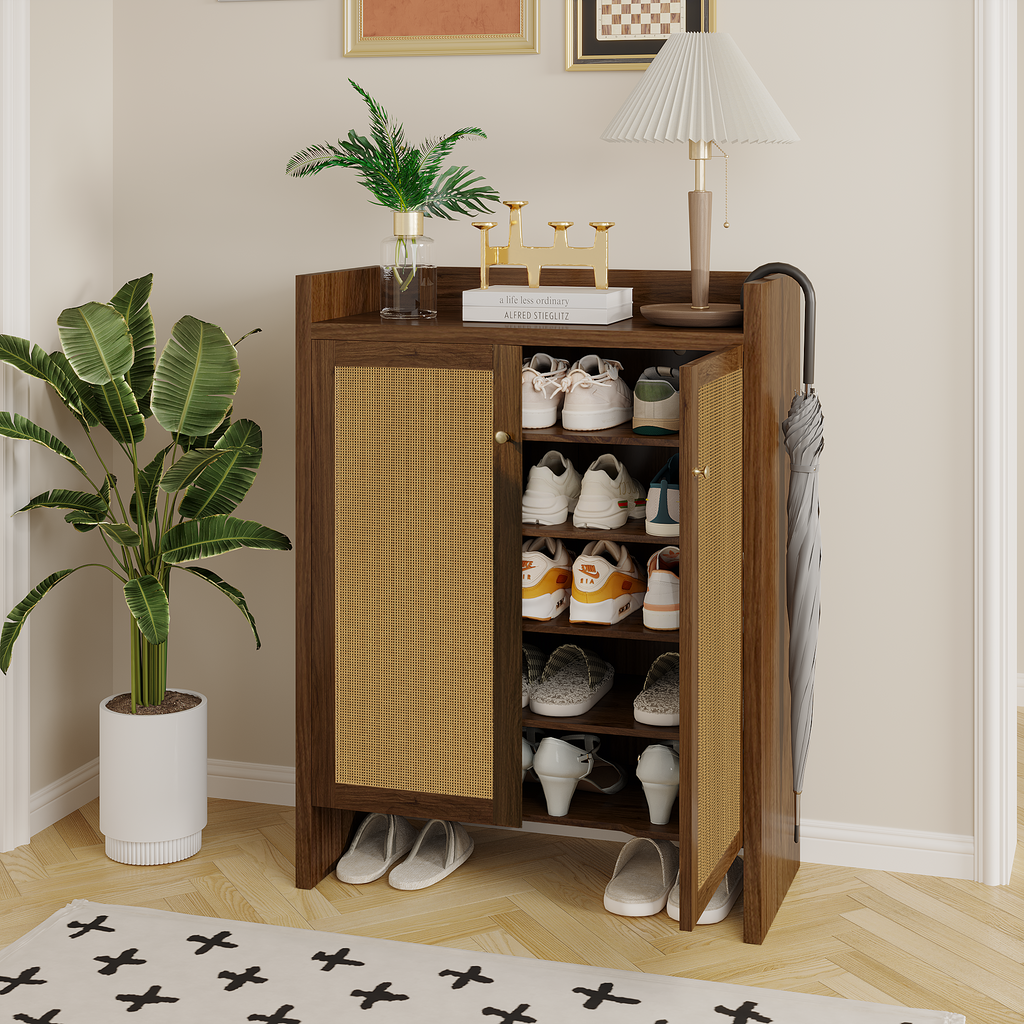 Walnut finish 6-tier shoe cabinet by Anthony & Home, freestanding entryway shoe organizer with multiple storage compartments