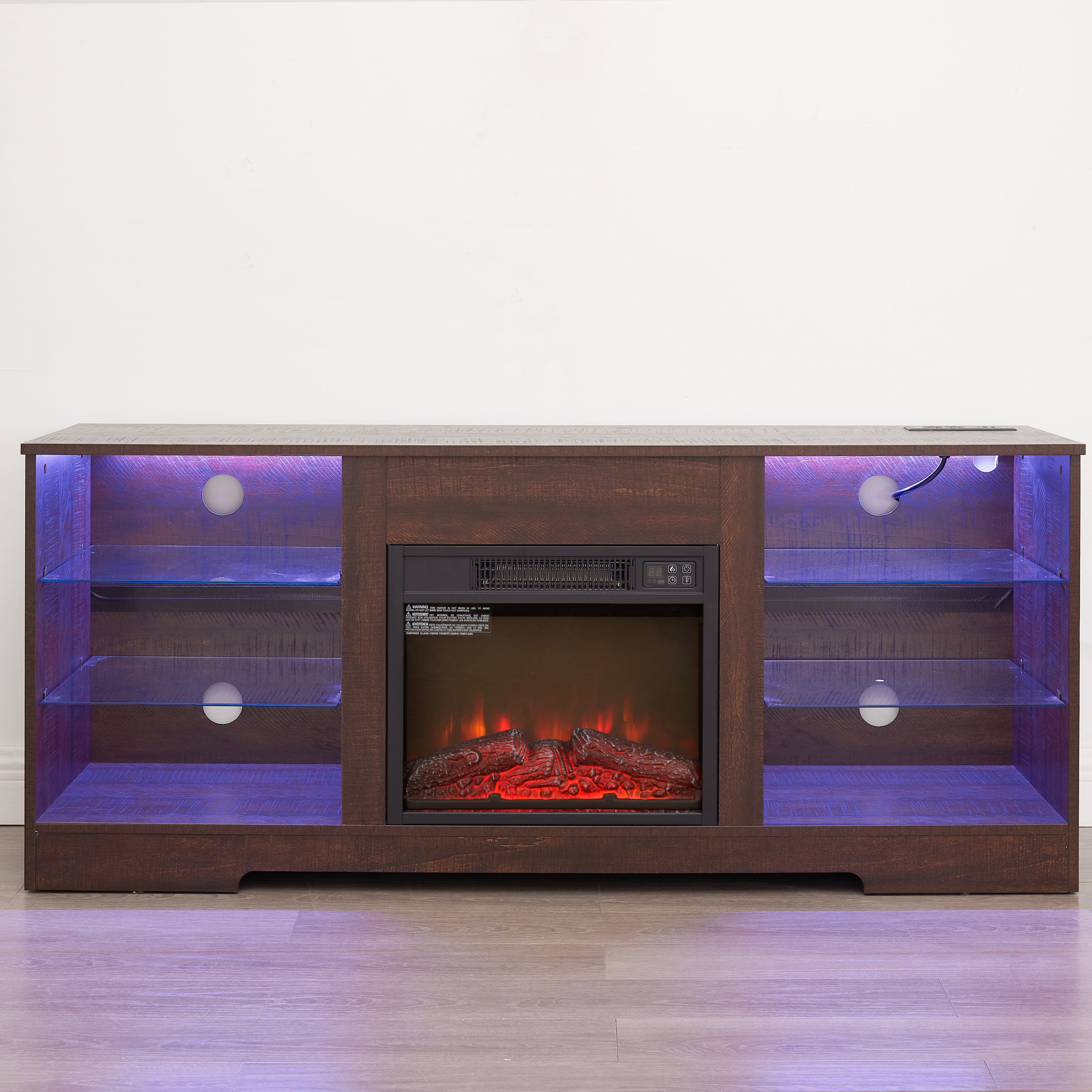 Anthony & Home electric fireplace TV stand with glass shelves, LED lighting, USB outlet, Studio Collection, modern design