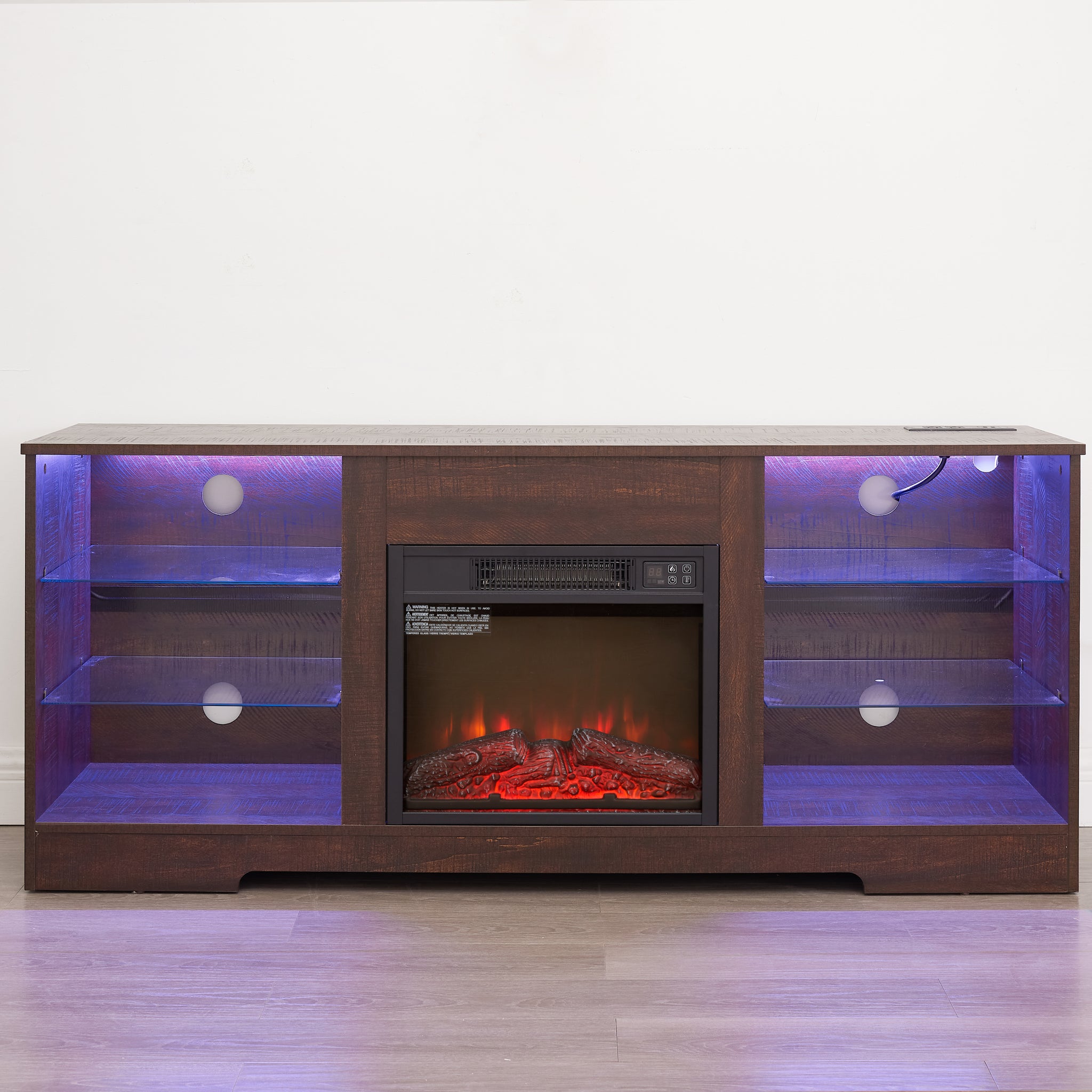Anthony & Home electric fireplace TV stand with glass shelves, LED lighting, USB outlet, Studio Collection, modern design