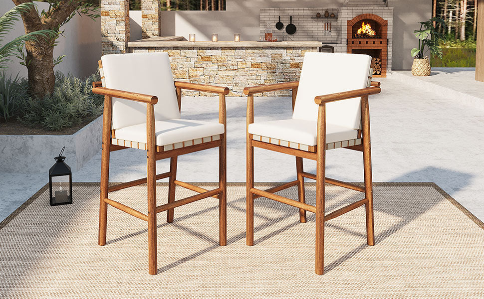 Set of two Anthony & Home Acacia outdoor counter stools with backrests, featuring natural wood finish and sturdy design.