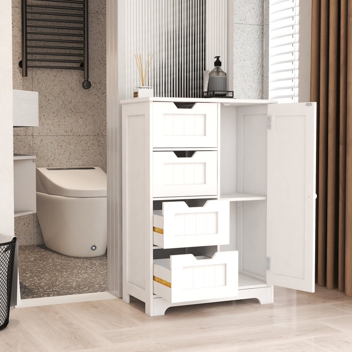 Matte white studio floor cabinet with drawers by Anthony & Home, featuring sleek storage for modern home or studio spaces.