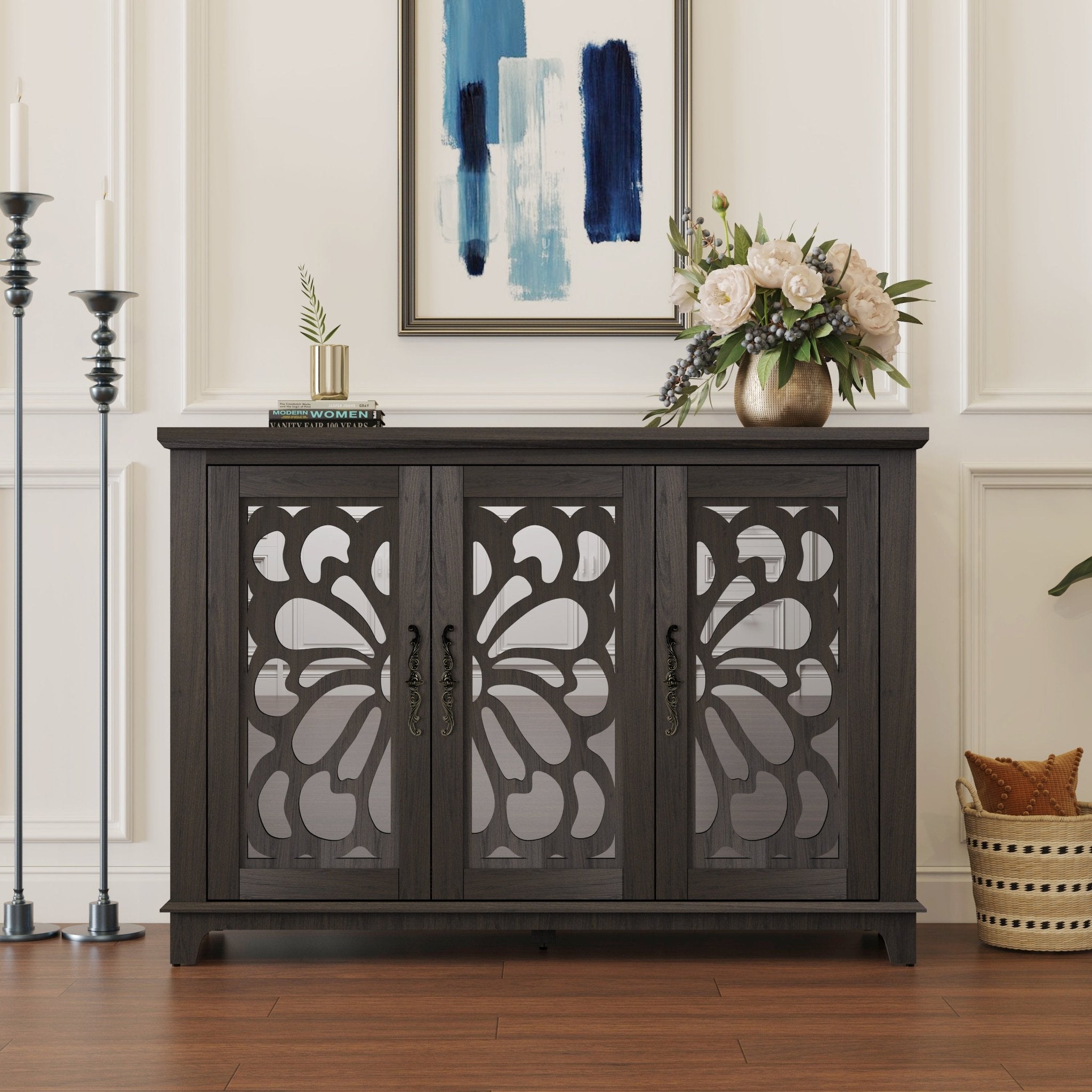 Anthony & Home Heritage Walnut Sideboard with mirrored doors and adjustable shelves, measuring 49.3 x 15.6 inches.