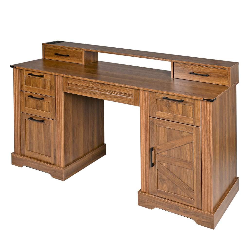 Anthony & Home Atelier Dark Walnut Farmhouse Office Desk with barn door, monitor stand, and built-in charging station.