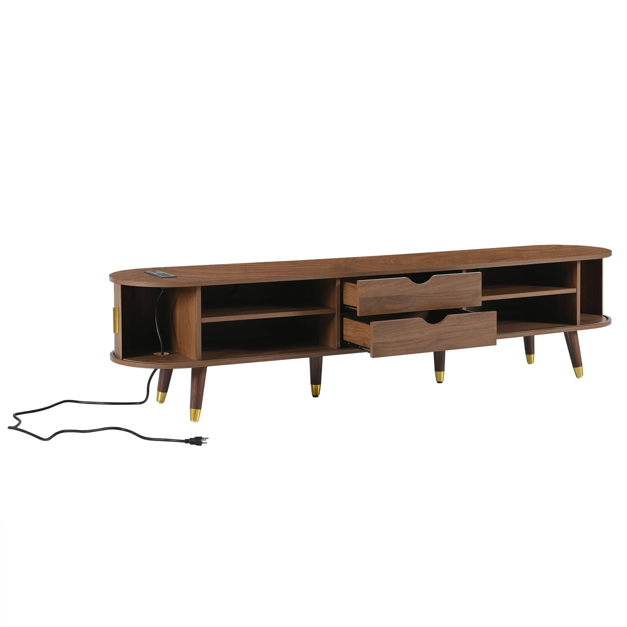Walnut mid-century TV stand by Anthony & Home featuring sleek design, storage compartments, and modern craftsmanship.