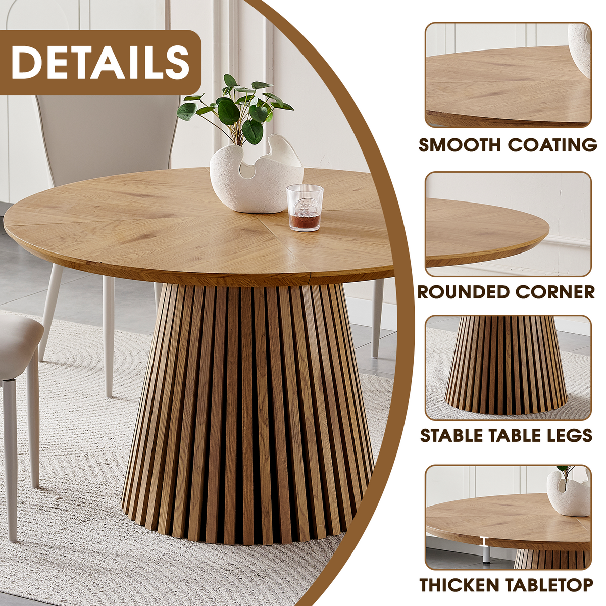 Round solid wood dining table from the Atelier Collection by Anthony & Home, featuring a smooth wooden surface and sturdy legs.
