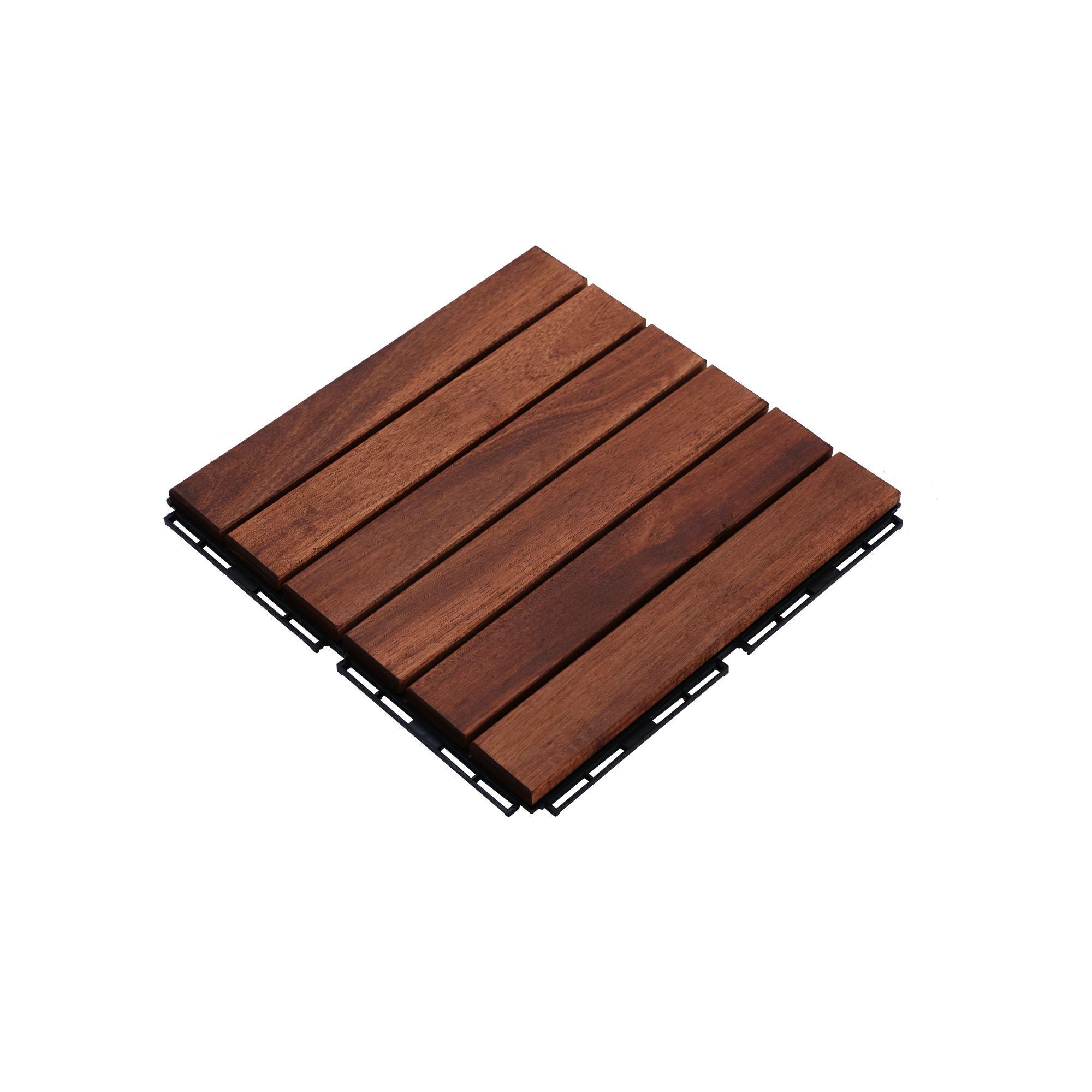 Anthony & Home Acacia Studio Interlocking Deck Tiles with striped design, 12-inch size, suitable for outdoor flooring.