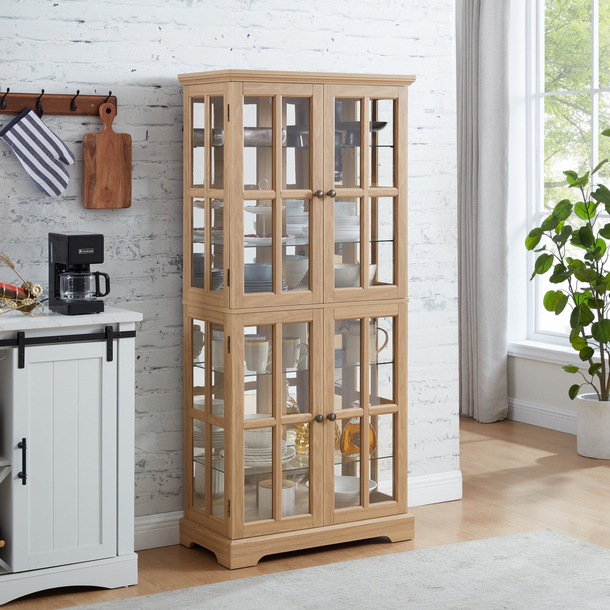 Anthony & Home Oak Curio Cabinet with glass doors featuring elegant wood finish and interior shelving for display.