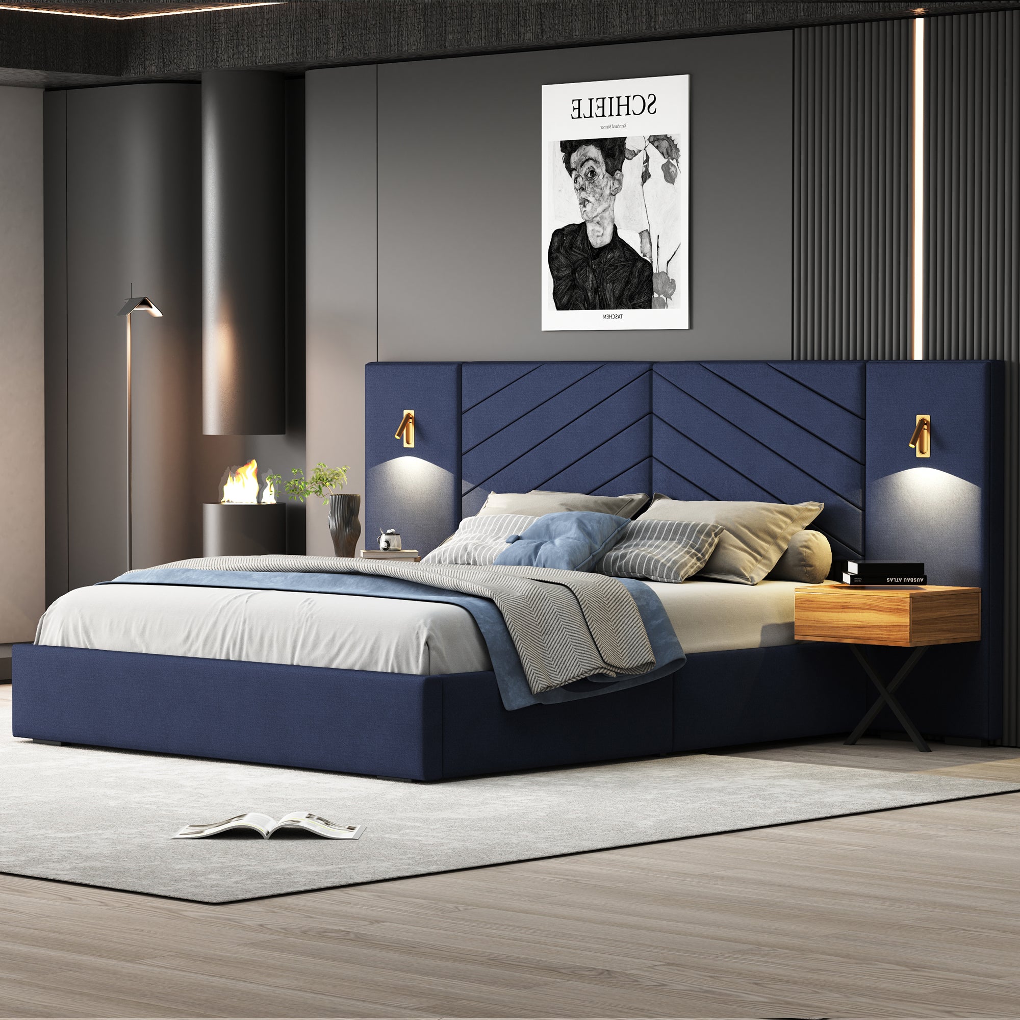Ice Velvet queen bed frame with channel-tufted wingback headboard from Anthony & Home's Studio Collection, showcasing luxurious velvet upholstery.