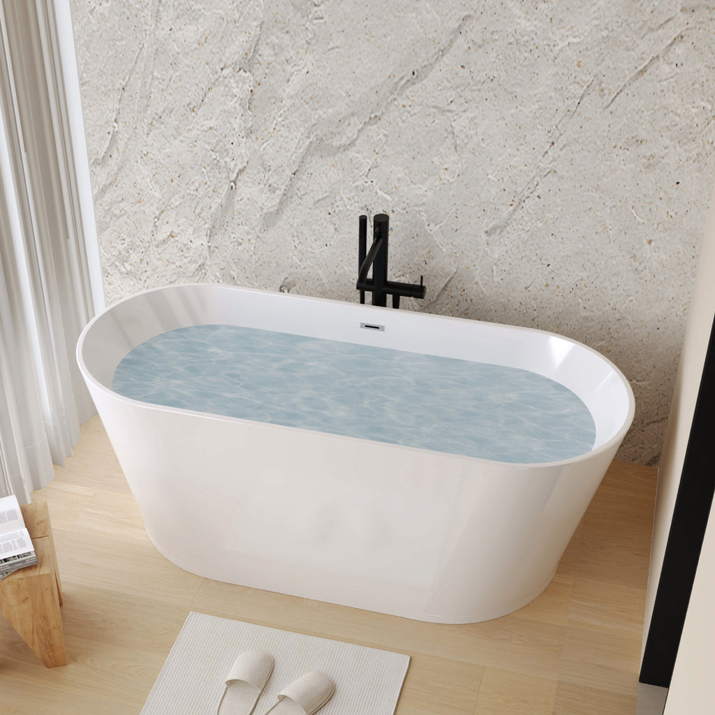 Glossy white acrylic freestanding soaking tub by Anthony & Home with ergonomic design, shown from a side view.