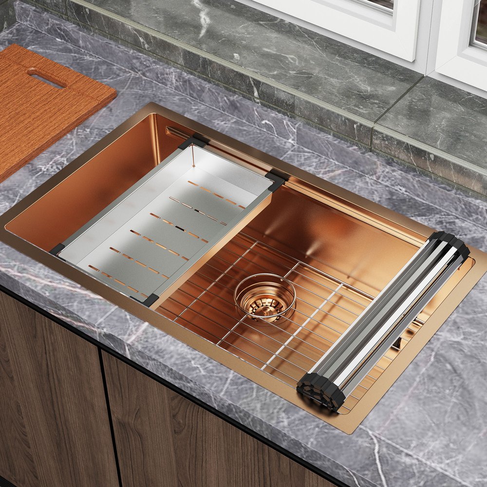 9-inch by 30-inch gold stainless steel undermount kitchen sink with sleek design and durable finish in a modern kitchen setting