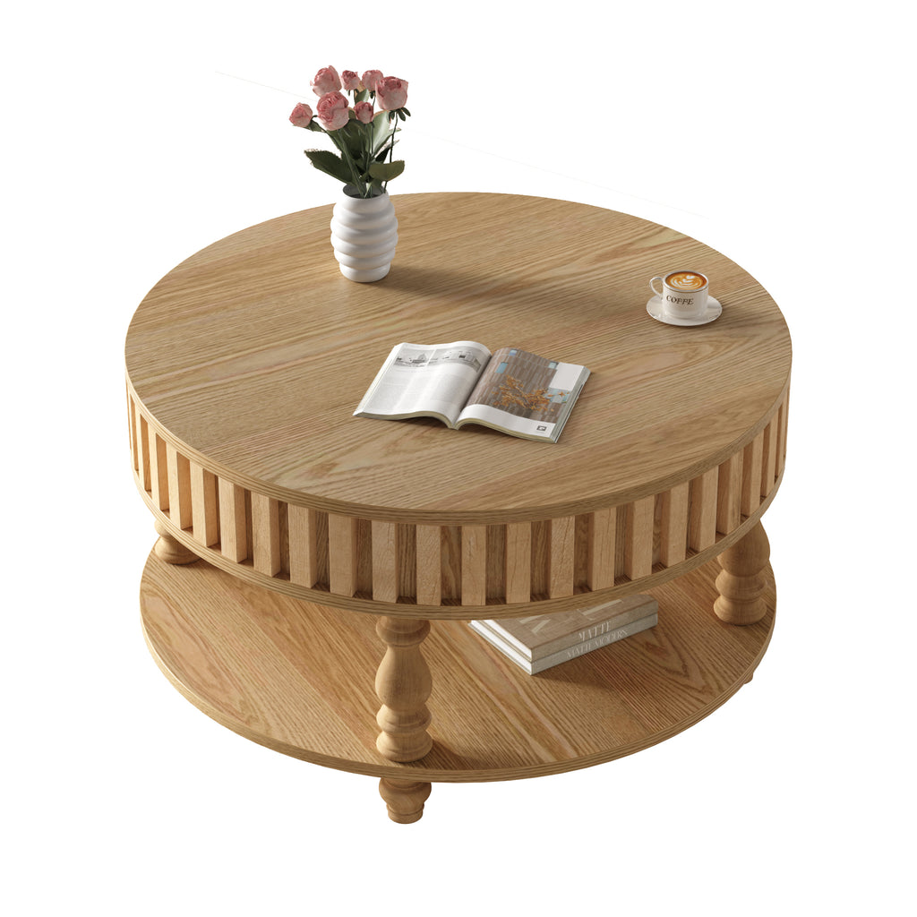 Mid century fluted coffee table with storage in natural oak finish from Anthony & Home's Atelier Collection, showing detailed wood texture and design