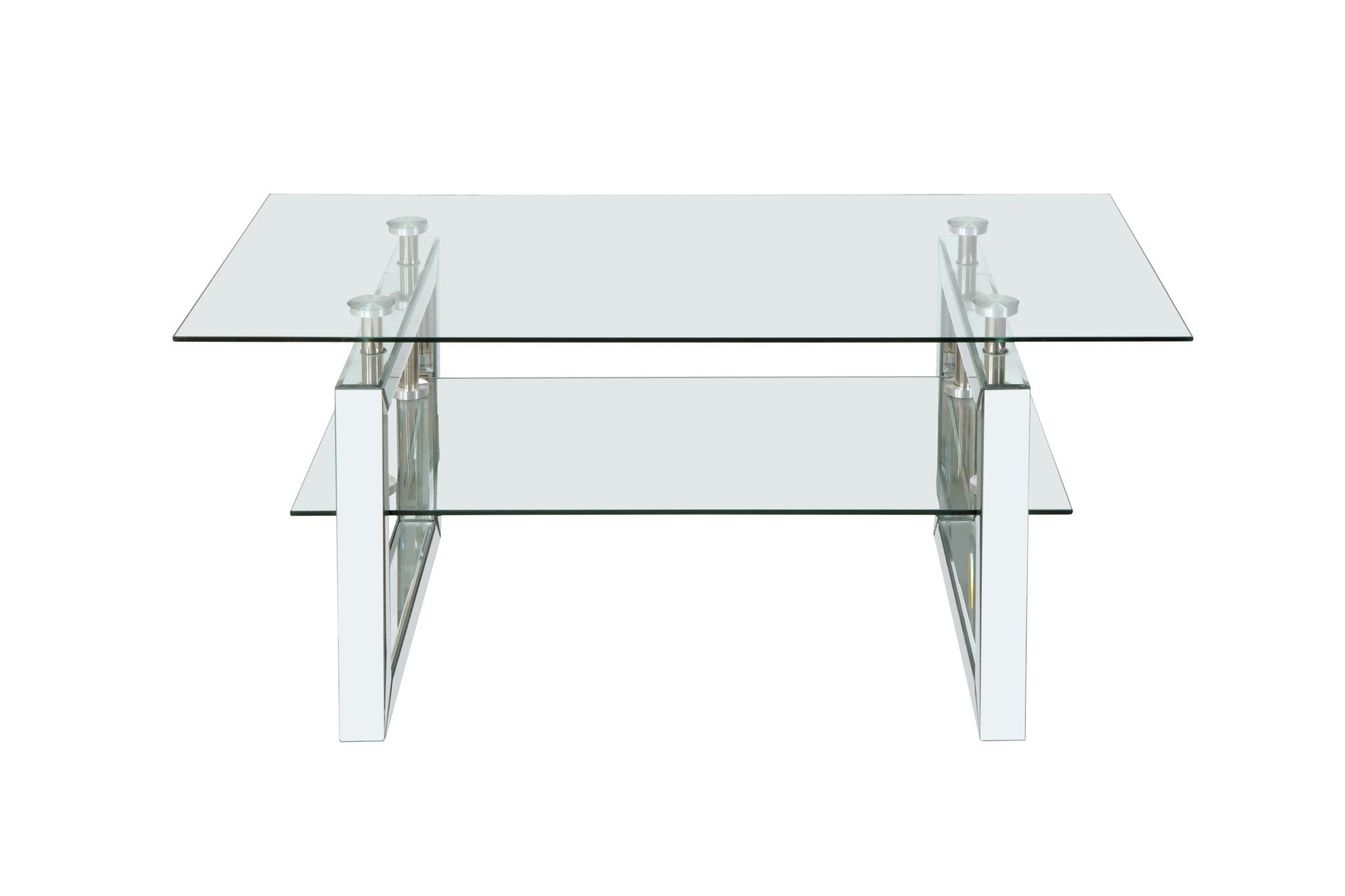 Anthony & Home tempered glass coffee table with a sleek 6mm silver finish glass top and metal pedestal base.